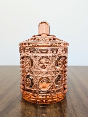 Vintage Windsor Pattern By Indiana Peachy Rose Pink Glass Honey Jam Jar With Lid